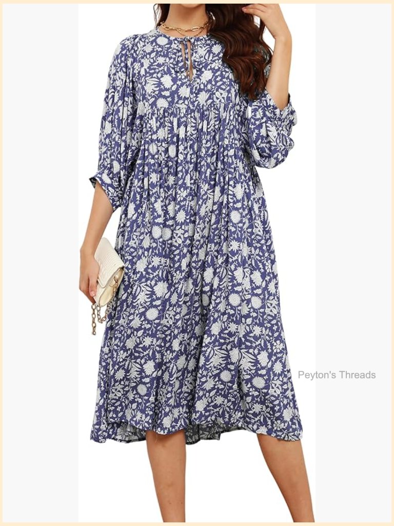 Boho Floral Midi Dress Lantern Sleeve Tie V Neck Loose Fit Flowy